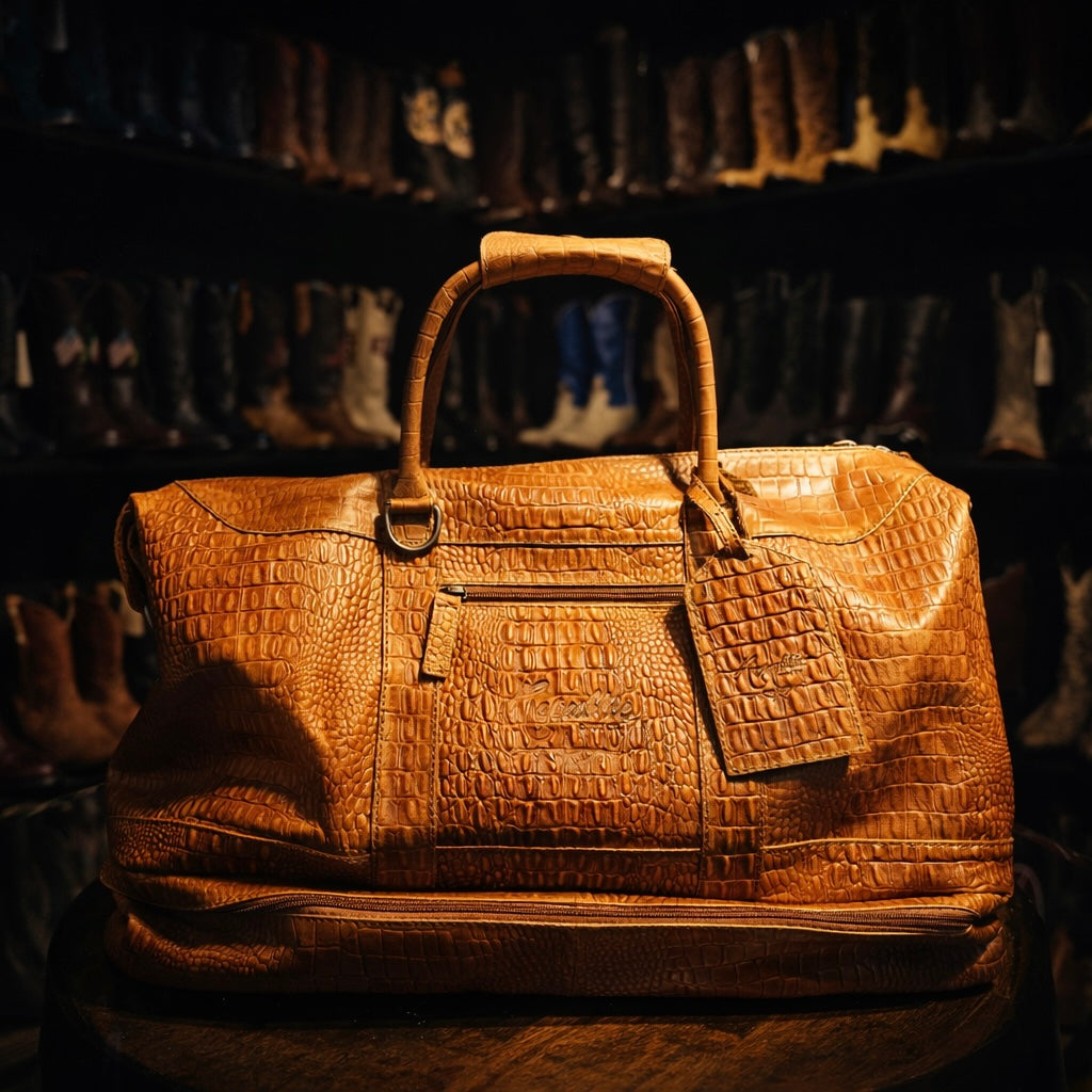 Texas Weekender Duffle & Boot Bag - Cognac Embossed Gator