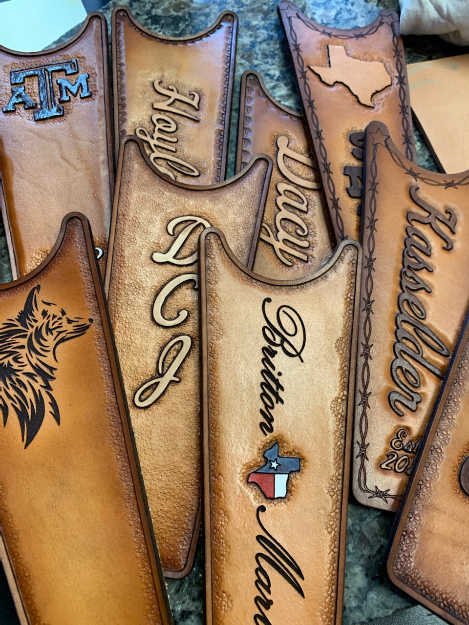 Handmade Custom Leather Items - All Handmade in Texas. Boot Jack, Tally Book, Pistol Case, Holster