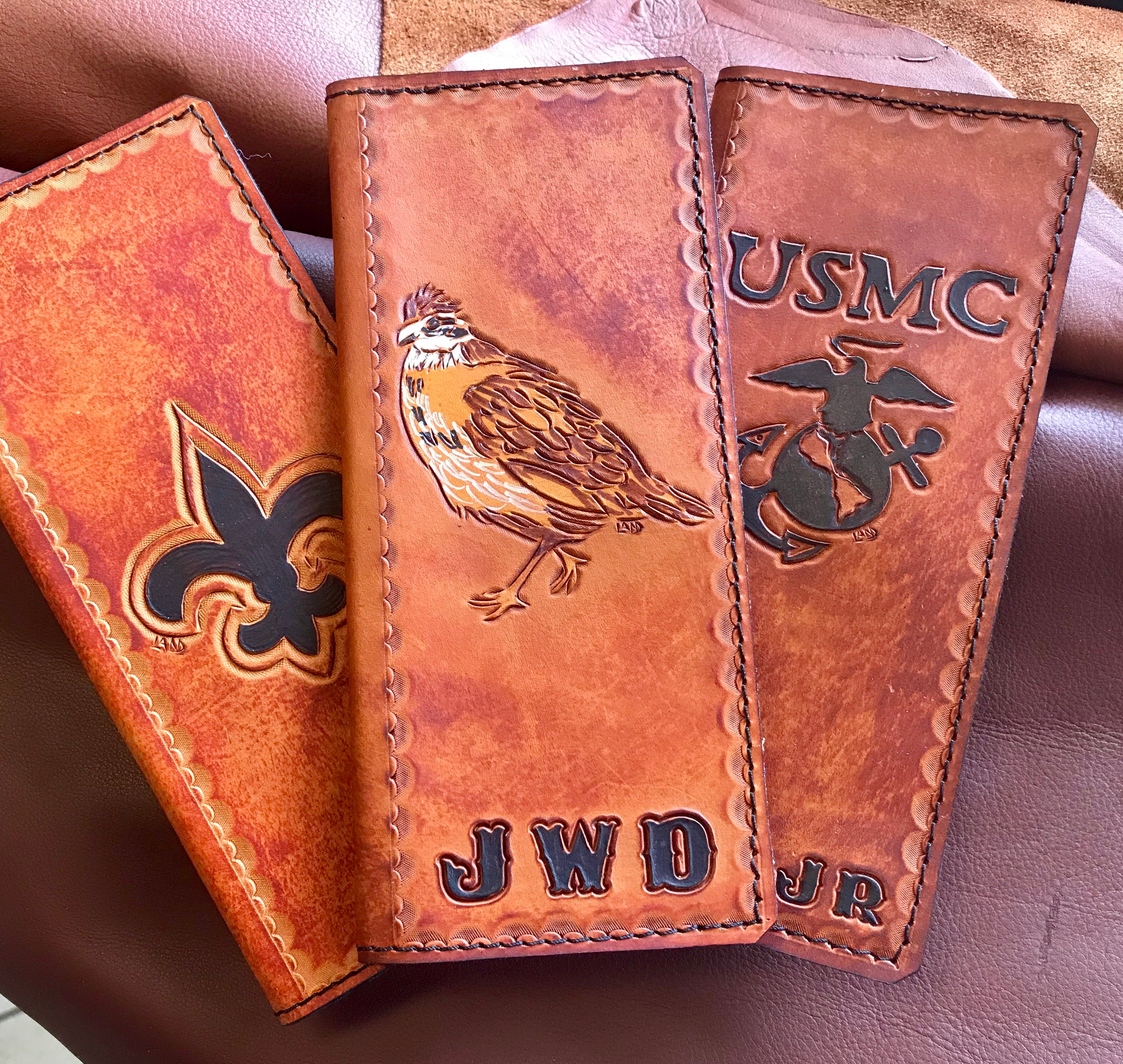 Handmade Custom Leather Items - All Handmade in Texas. Boot Jack, Tally Book, Pistol Case, Holster