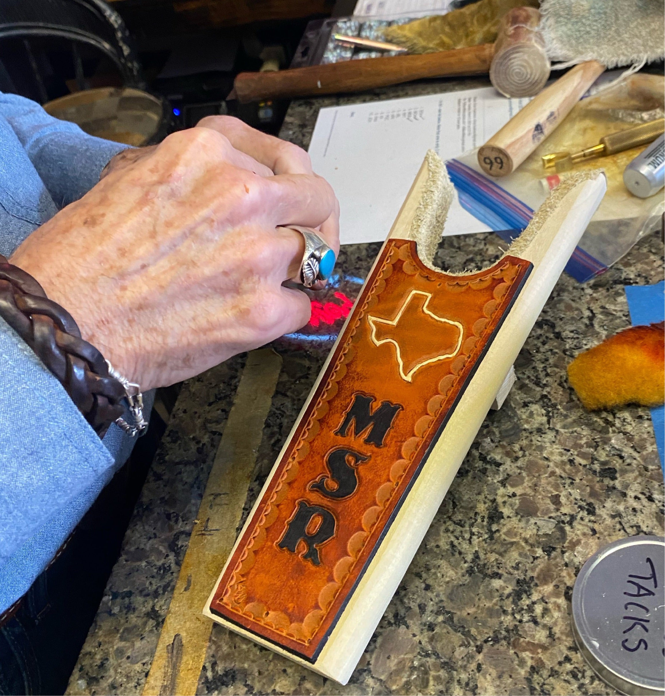 Handmade Custom Leather Items - All Handmade in Texas. Boot Jack, Tally Book, Pistol Case, Holster