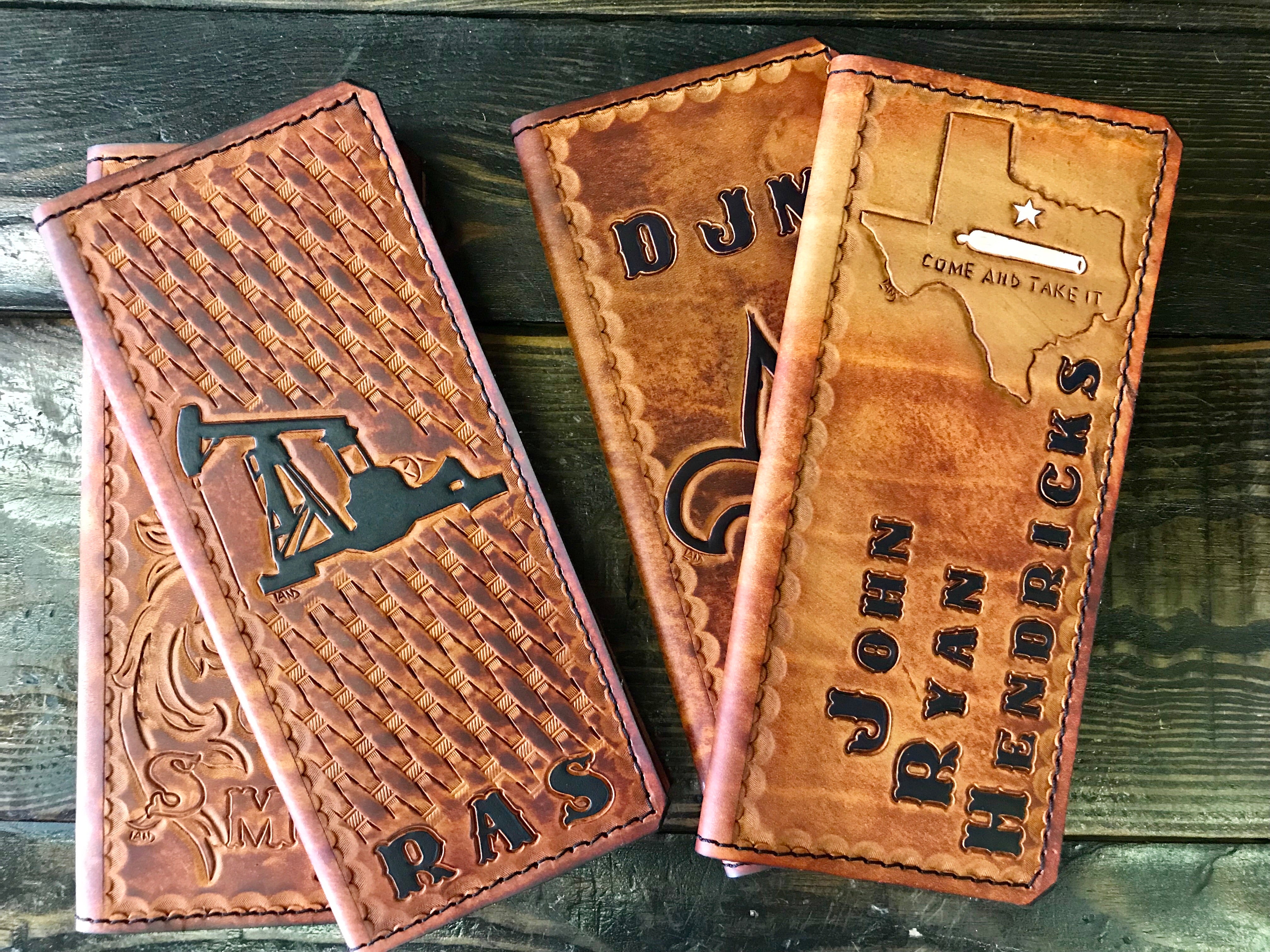 Handmade Custom Leather Items - All Handmade in Texas. Boot Jack, Tally Book, Pistol Case, Holster