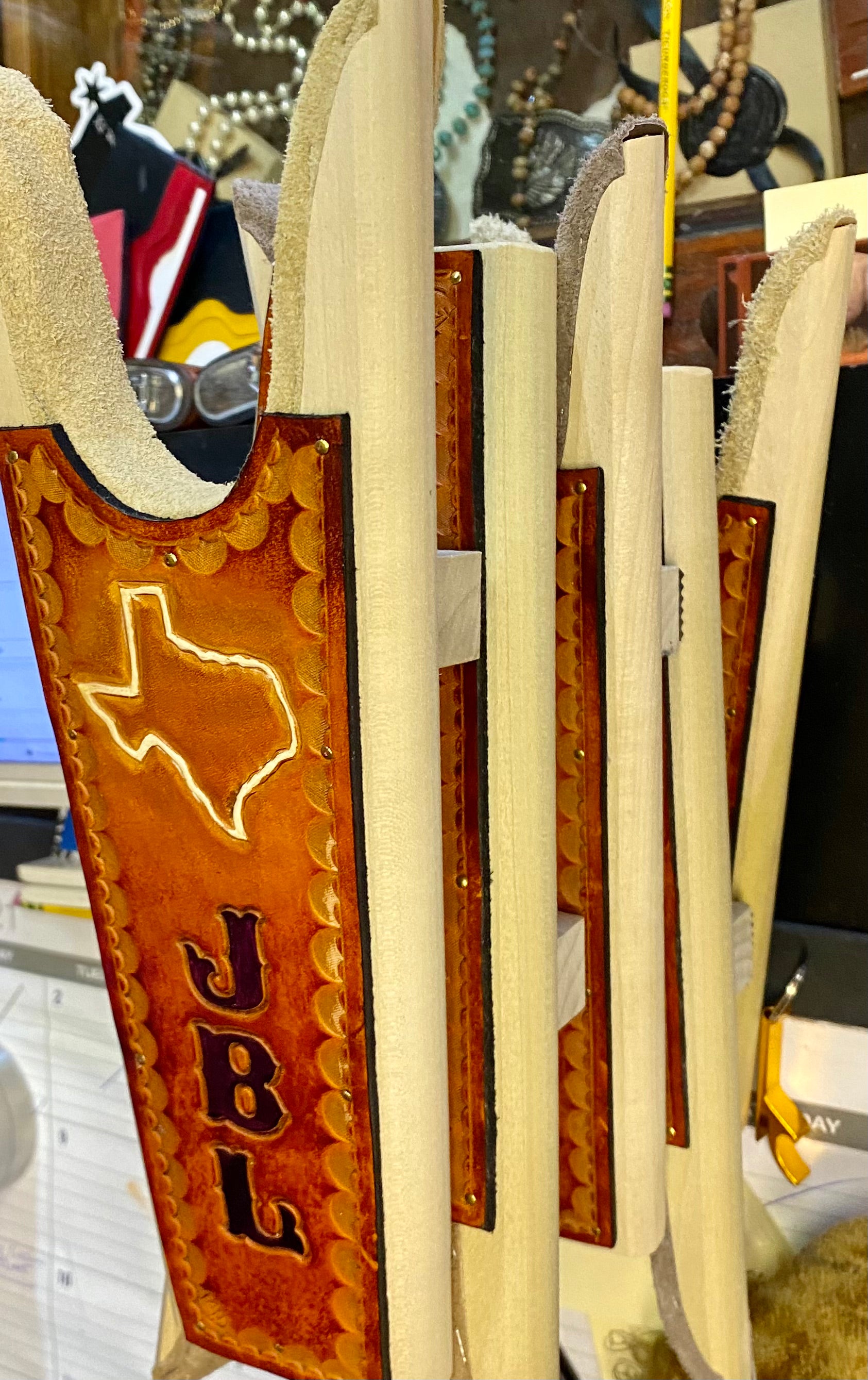 Handmade Custom Leather Items - All Handmade in Texas. Boot Jack, Tally Book, Pistol Case, Holster