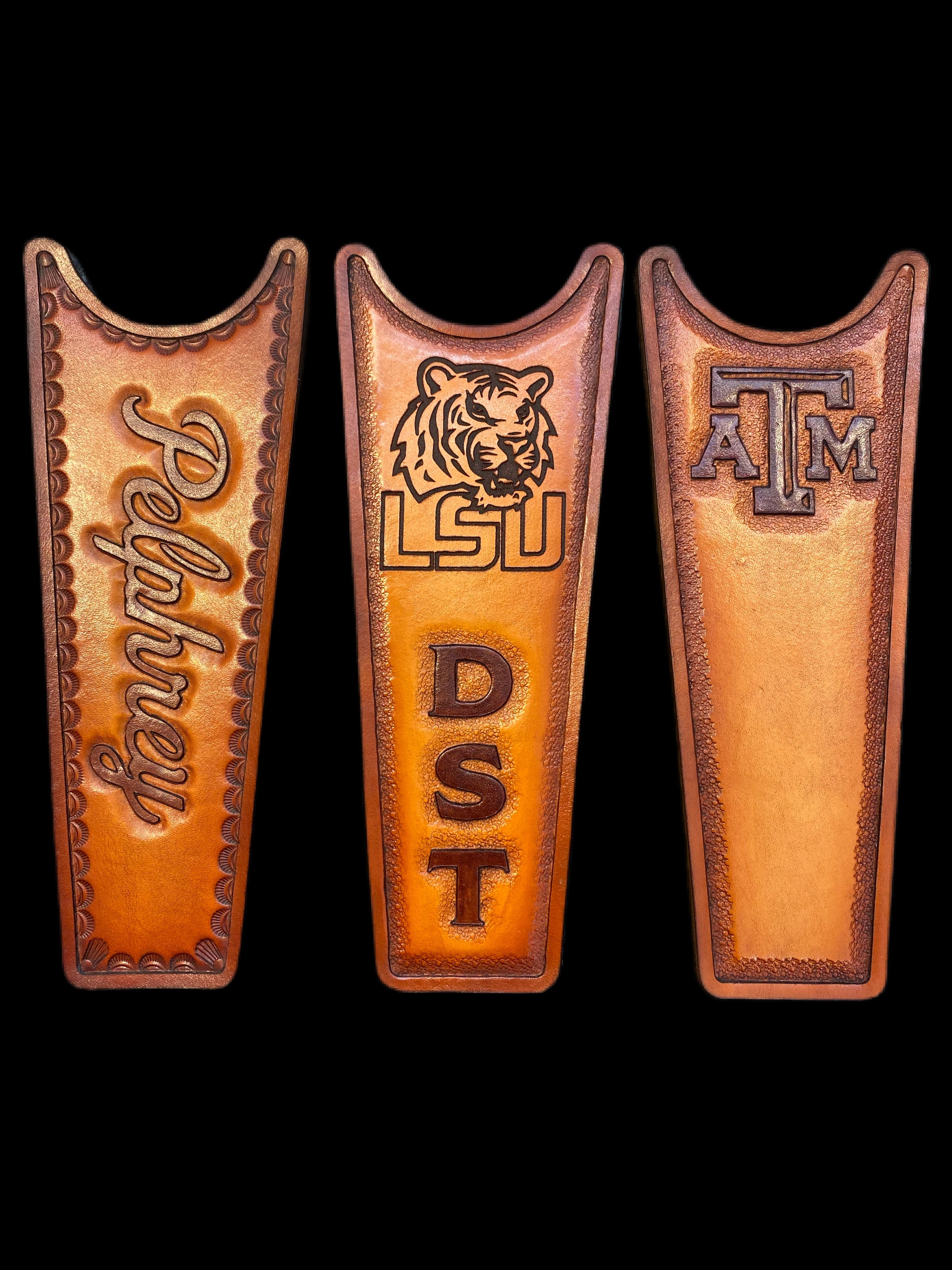 Handmade Custom Leather Items - All Handmade in Texas. Boot Jack, Tally Book, Pistol Case, Holster