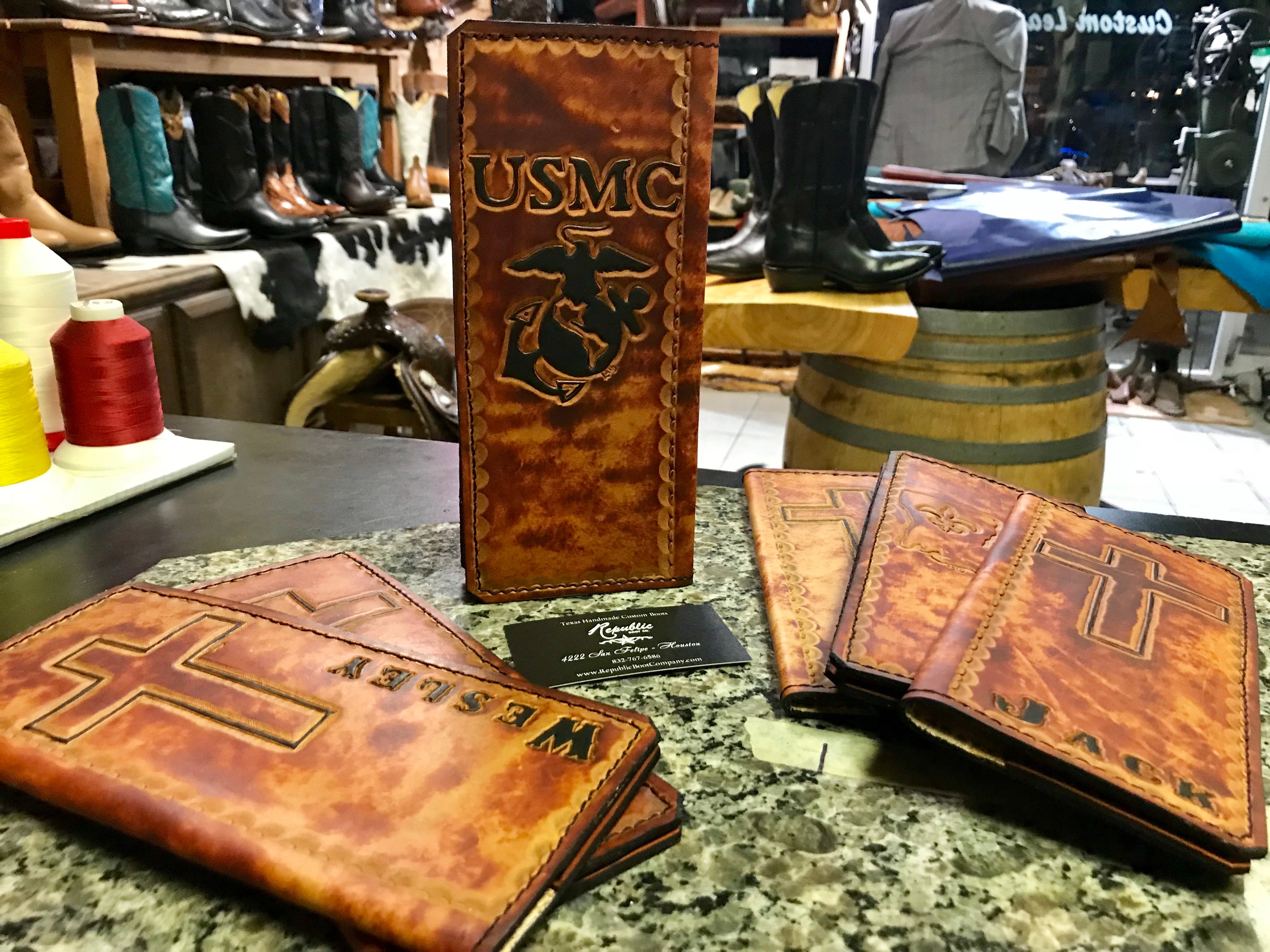 Handmade Custom Leather Items - All Handmade in Texas. Boot Jack, Tally Book, Pistol Case, Holster