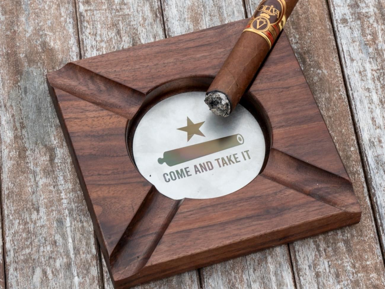 Cigar Ashtray - Black Walnut with Removable Aluminum Medallion